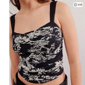 Free People Top in black with white toile print, size medium